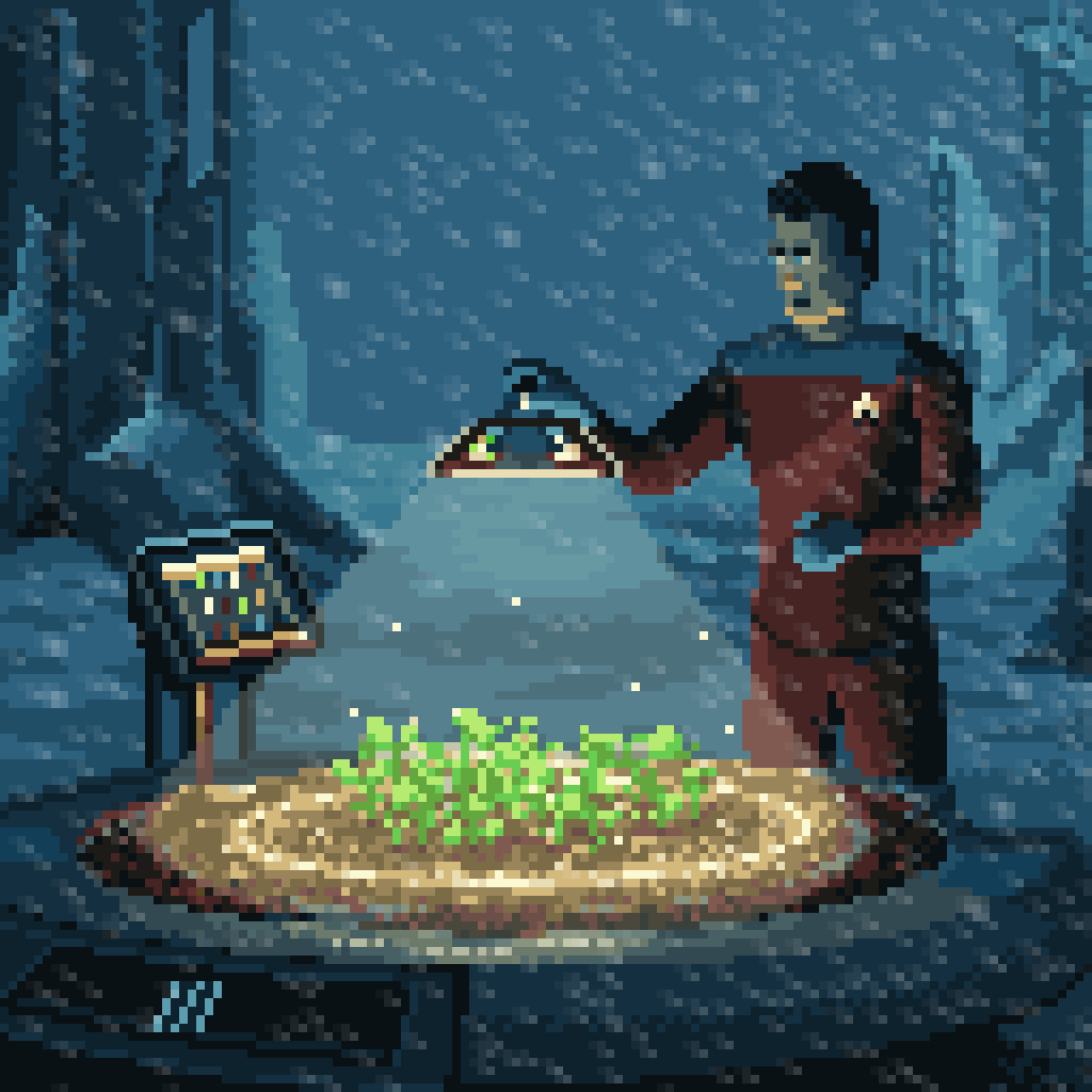 A sci-fi winter scene with seedlings lit by Data while a storm passes outside.