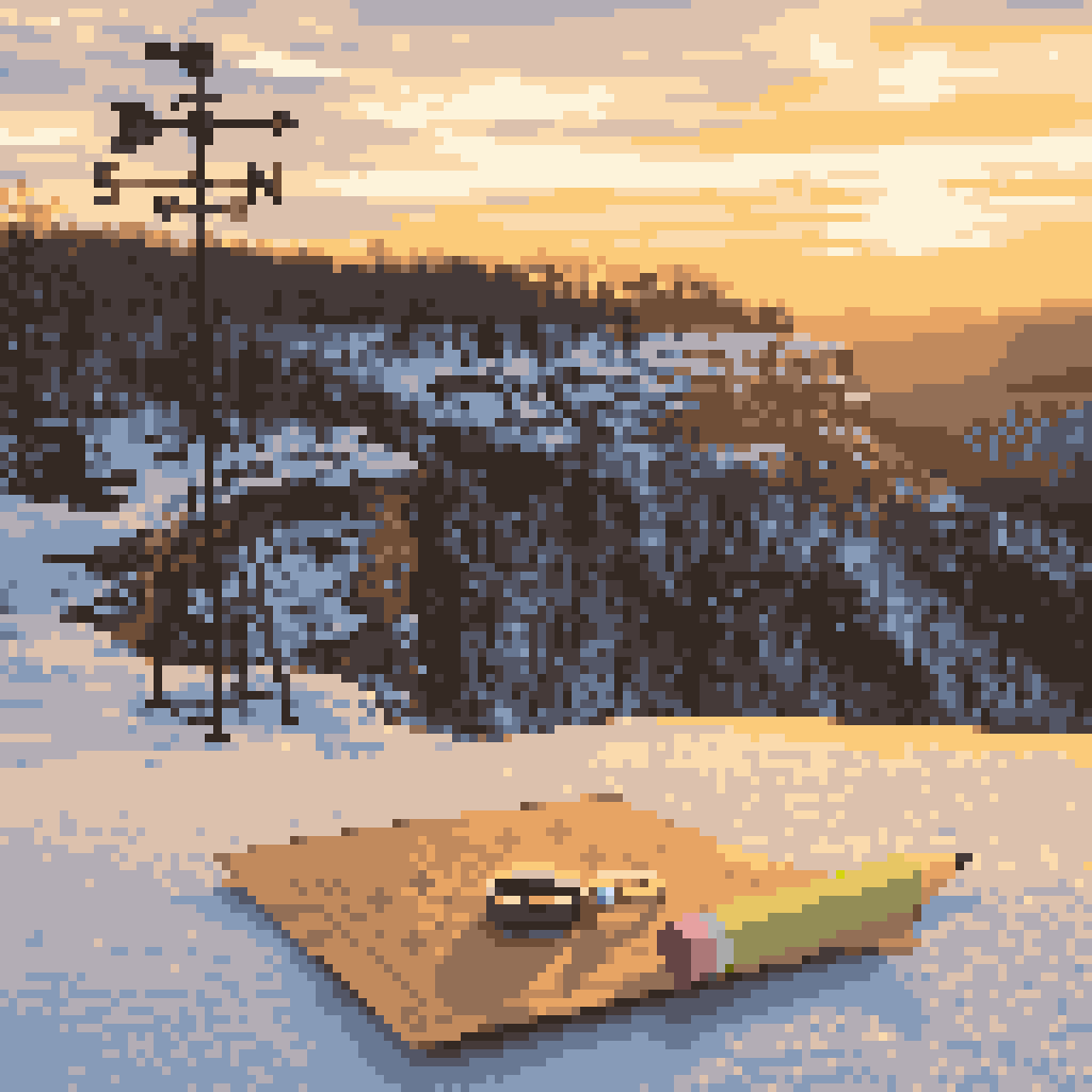 a winter scene with wedding rings on a chart with weather vane in the background